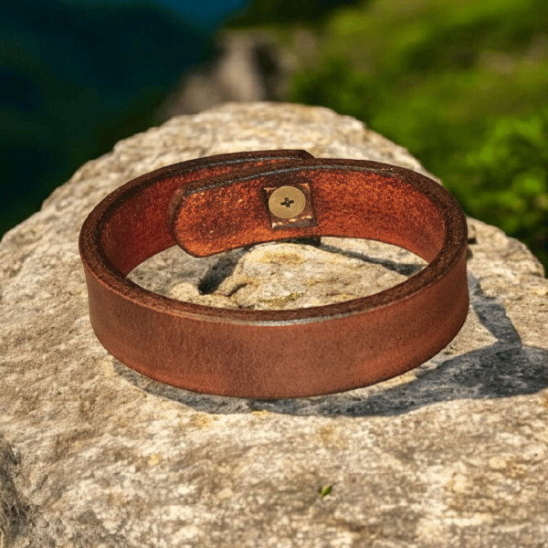 Handmade Leather Bracelet – One Size, Veg Tan Leather, Bronze Rivet Closure, 4