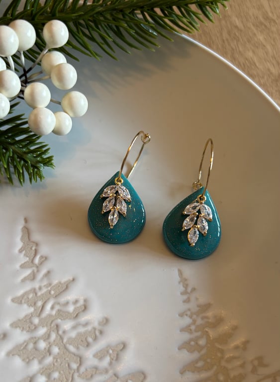 TeallTeardrop and CZ Charm Polymer Clay Earrings - Handmade Jewellery 