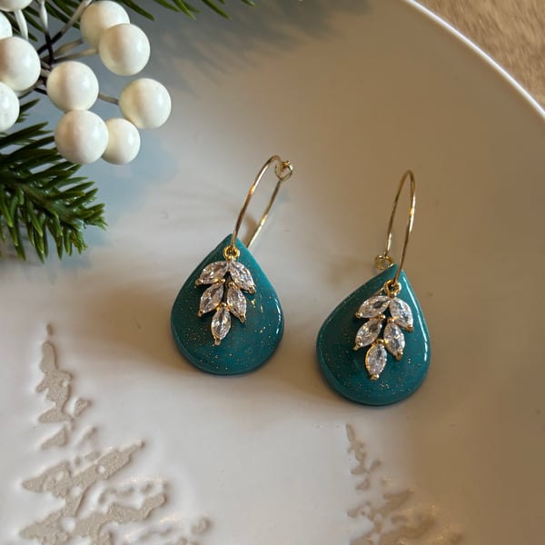 TeallTeardrop and CZ Charm Polymer Clay Earrings - Handmade Jewellery 