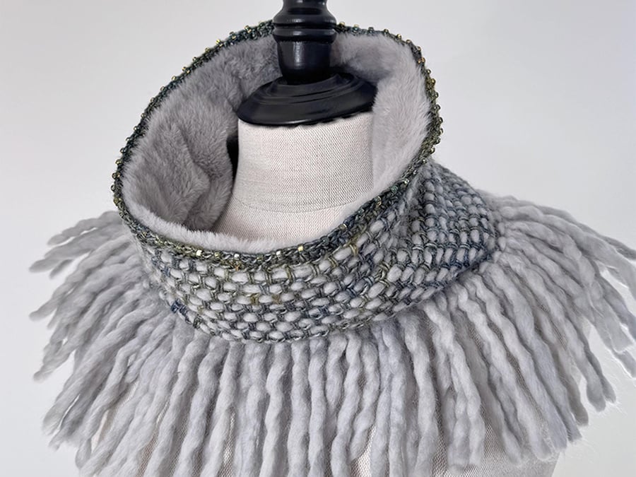 Reversible Blue and Green Merino Wool Cowl with Faux Fur