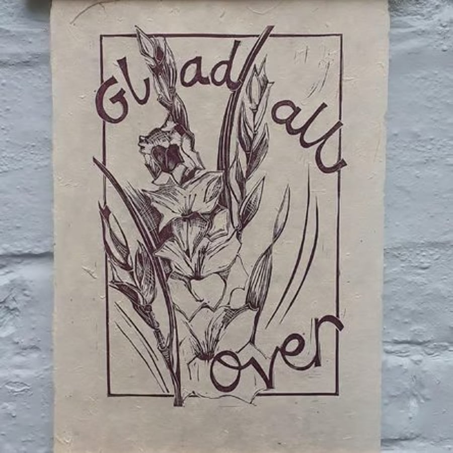 'Glad all Over', Lino Print in Purple on Lokta Paper (VE2)