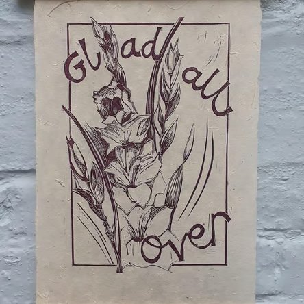 'Glad all Over', Lino Print in Purple on Lokta Paper (VE2)