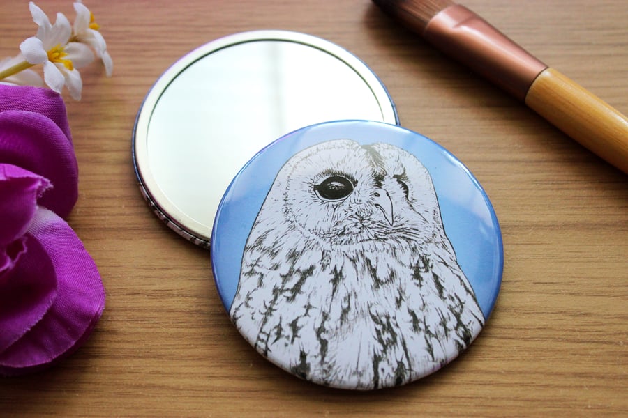 Owl Pocket Mirror - 76mm Round Compact Mirror, Wildlife Art Mirror