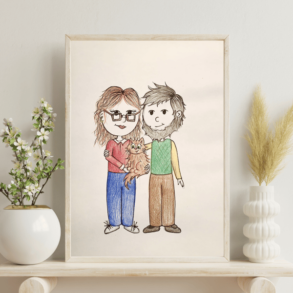 Custom Cartoon Portrait, Hand-Illustrated Couple or Family and Pet Portrait Gift