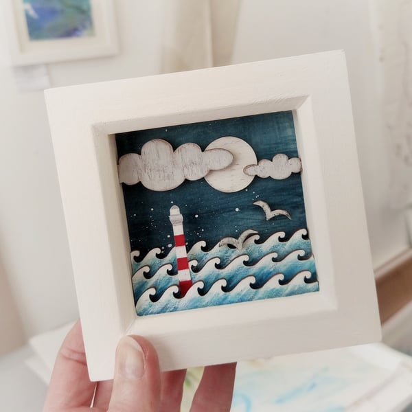 Lunar Lighthouse Picture, Nautical Diorama, Wood Ocean Art- Perfectly Imperfect