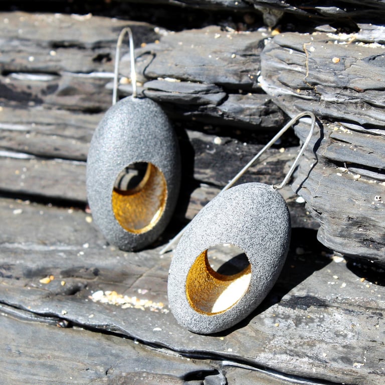 Pebble earrings, nature inspired earrings with a golden hollow interior. Hollow