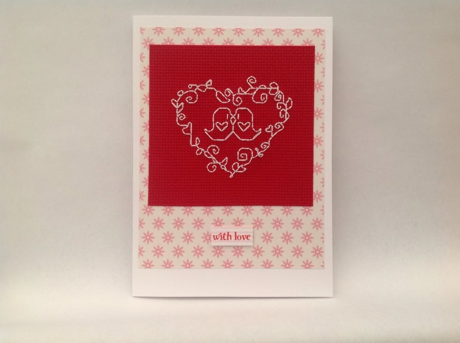 Birds and heart cross stitch card with the wording "with love"