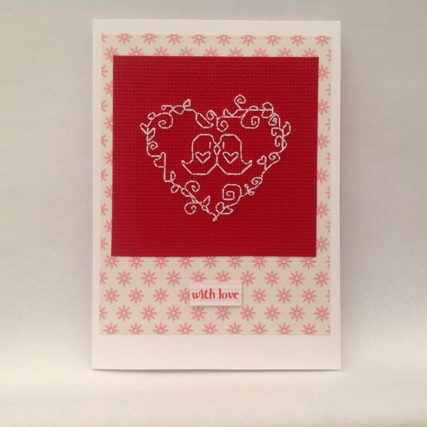 Birds and heart cross stitch card with the wording "with love"