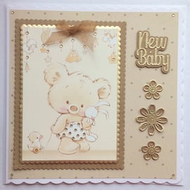 New Baby Card Cute Teddy Holding Rabbit with Duck 3D Luxury Handmade Card