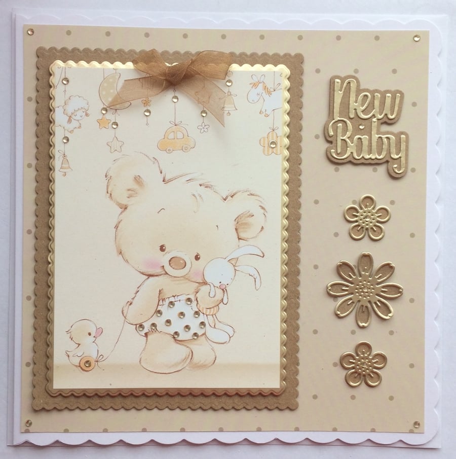 New Baby Card Cute Teddy Holding Rabbit with Duck 3D Luxury Handmade Card