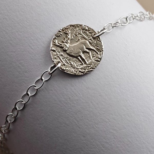 Stag Engraved Sterling Silver Coin Bracelet
