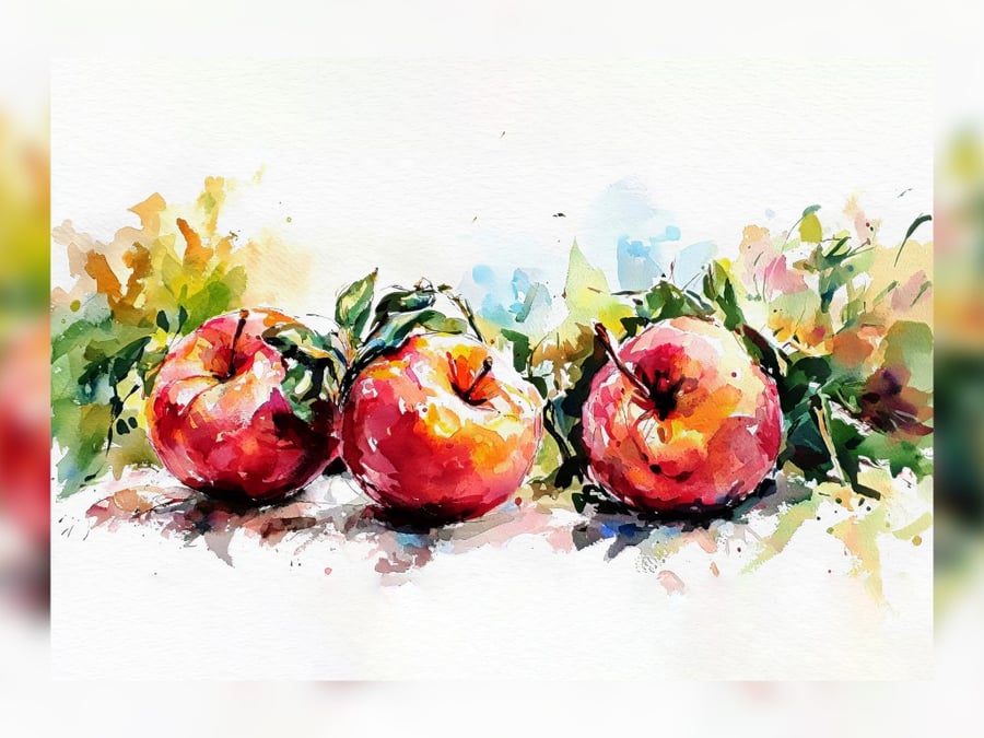 Vibrant Watercolor Apples, Colorful Orchard Art 5" x 7" on Matte paper