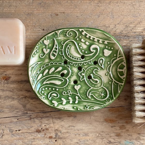 Soap Dish Handmade Ceramic with Green Paisley Design 
