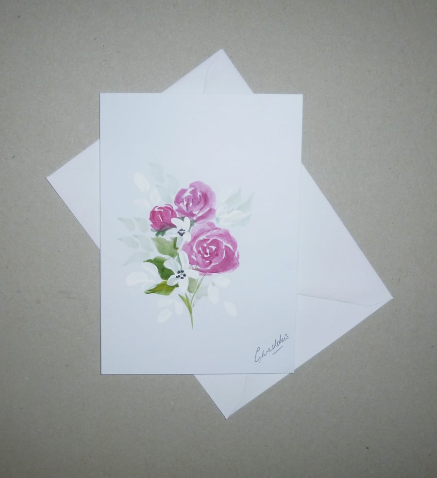 hand painted watercolour rose flower greetings card ( ref FA 377 K2 )
