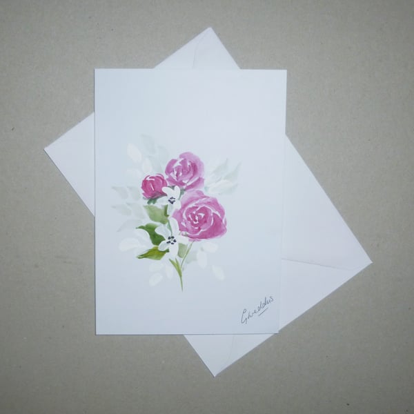 hand painted watercolour rose flower greetings card ( ref FA 377 K2 )
