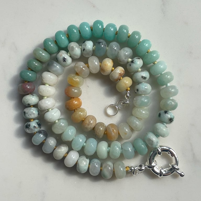 Amazonite & Jasper Hand Knotted Beaded Gemstone Necklace