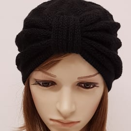 Handmade women's turban hat, black turban, knitted top knot hat