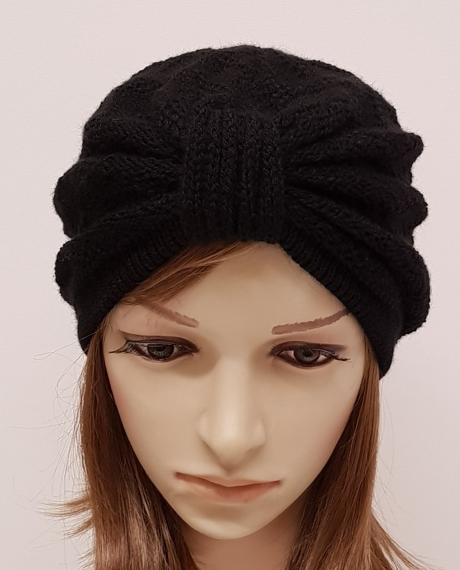 Handmade women's turban hat, black turban, knitted top knot hat