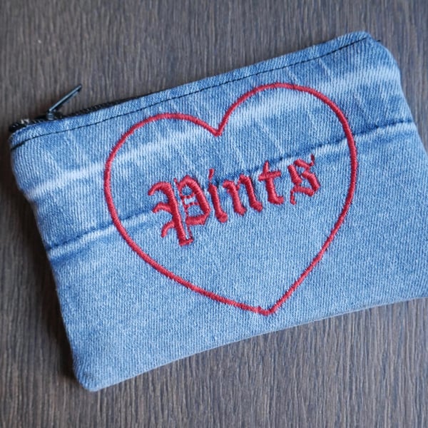 Recycled Denim Coin Purse with 'Pints' heart embroidery - sustainable