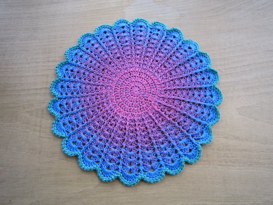 Pink, Purple and Blue Crochet Doily Mat, Placemat, Centre Piece Mat, Home Decor