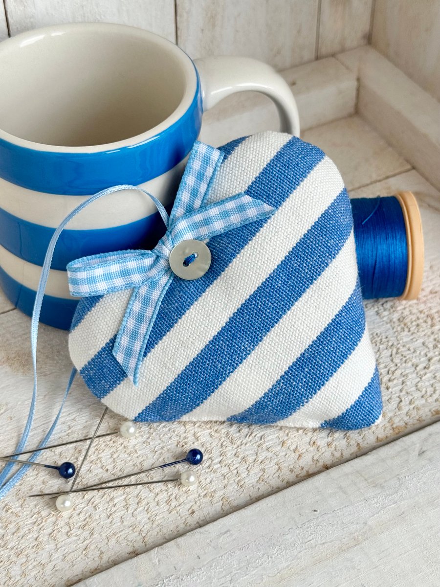 BLUE AND WHITE STRIPED HEART DECORATION - lavender or padded - midi size