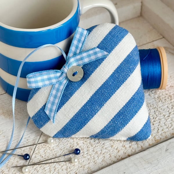 BLUE AND WHITE STRIPED HEART DECORATION - lavender or padded - midi size