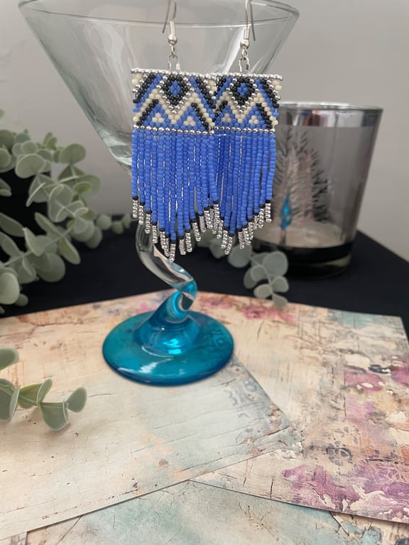 Geometric design hand woven glass beaded fringe earrings 