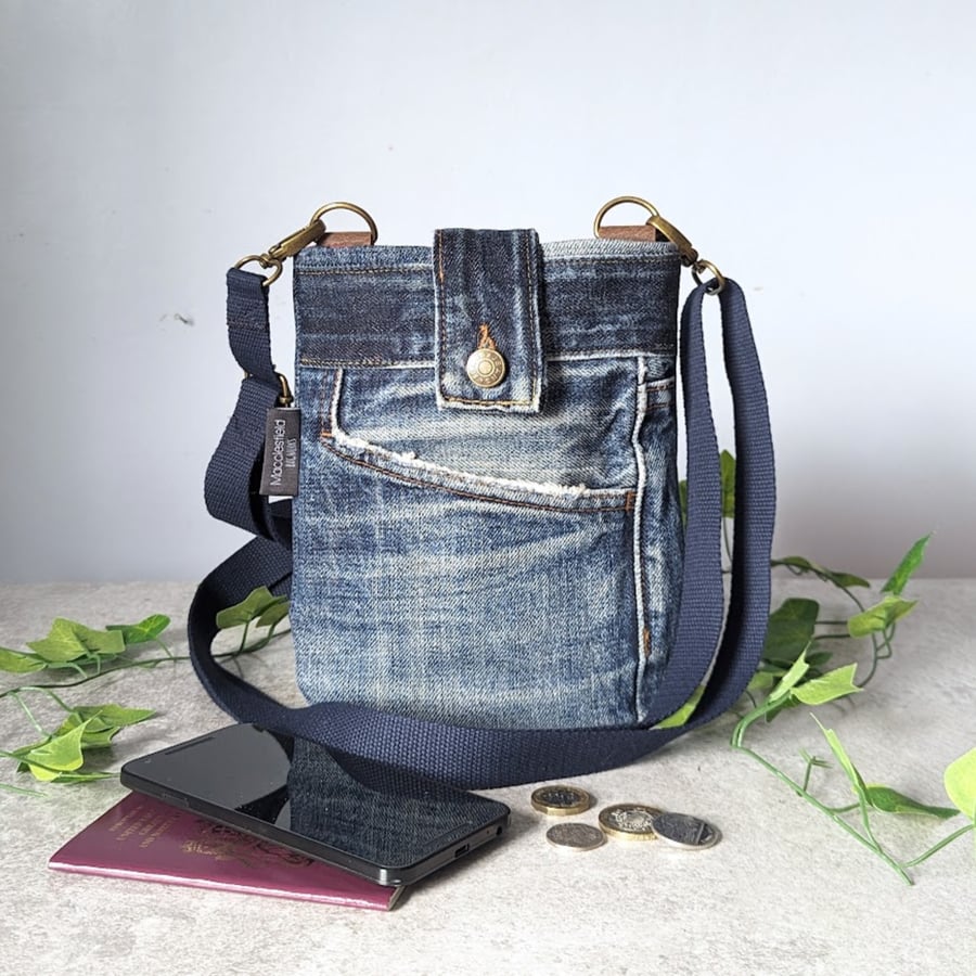 Denim Bag - Grungy Denim Mini Cross Body Crossover Bag