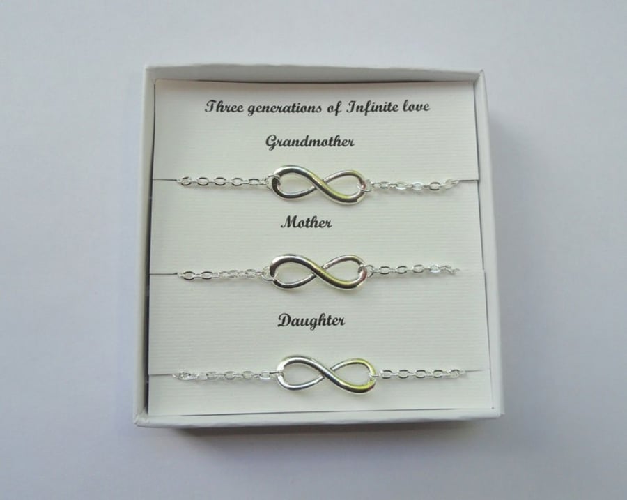 Grandmother - Mother - Daughter gift with THREE infinity bracelets