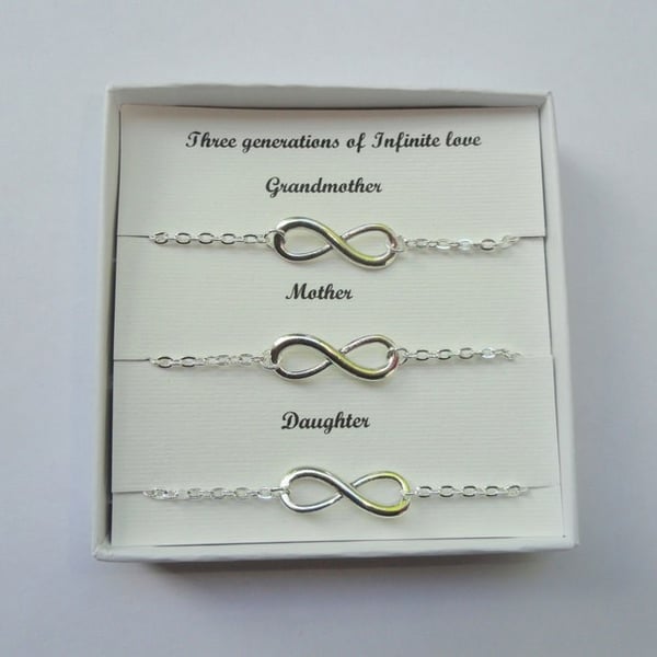 Grandmother - Mother - Daughter gift with THREE infinity bracelets