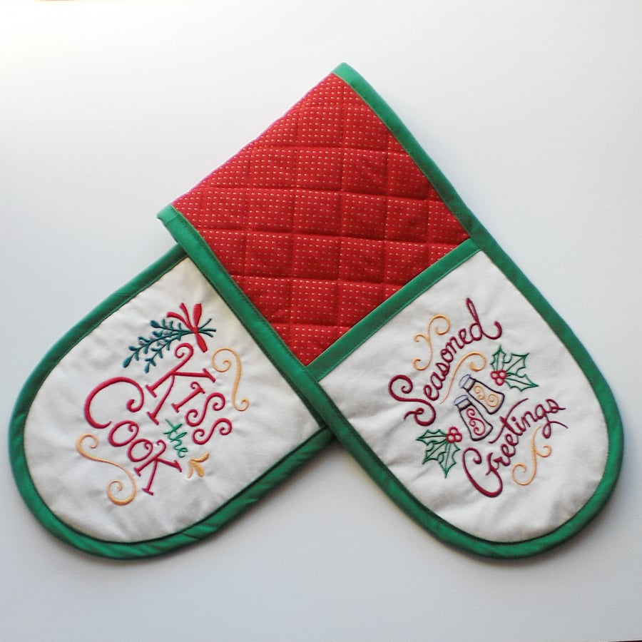 Christmas Oven Gloves. Quilted, embroidered