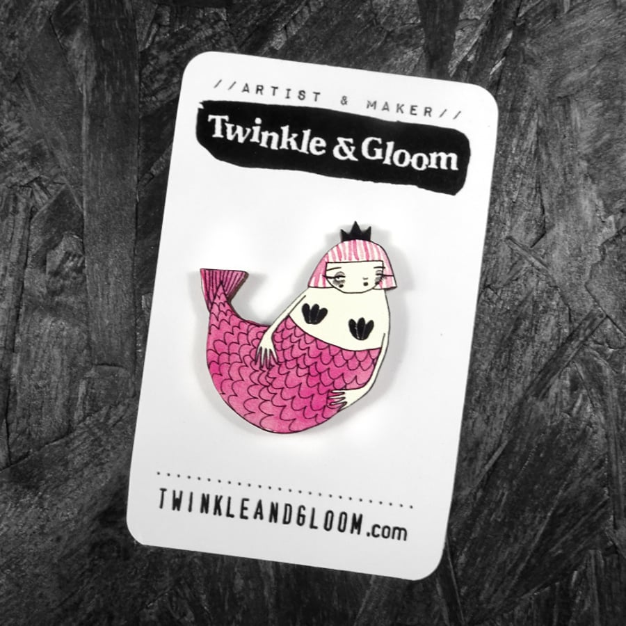 Pink Mermaid Illustrated Wood Pin- with rubber back.