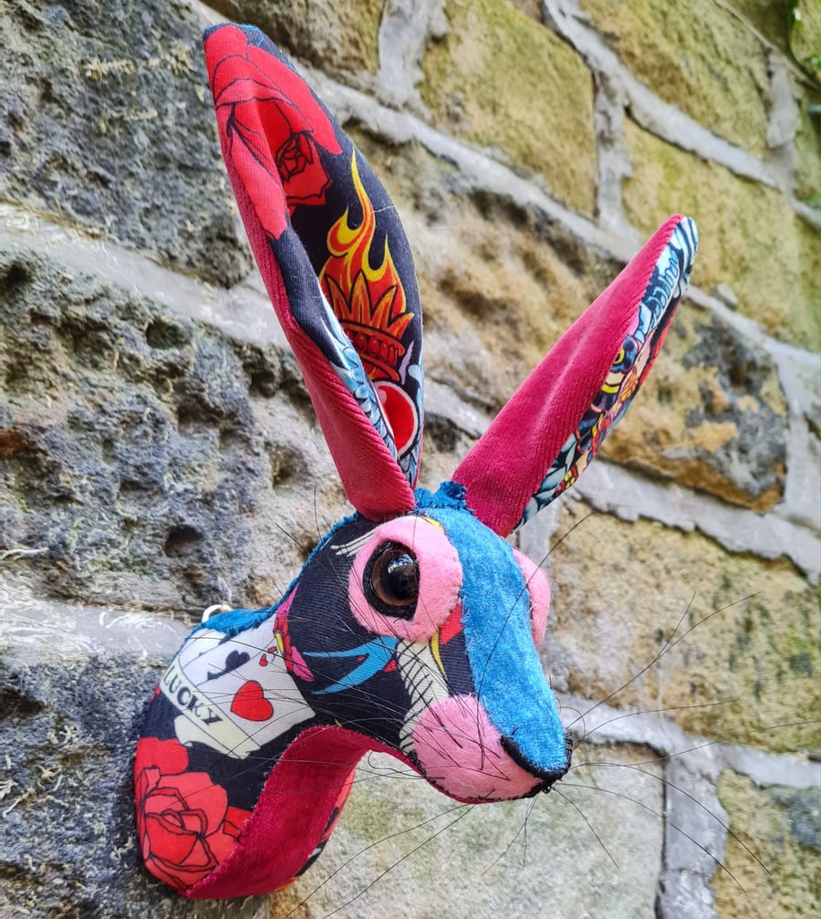 Faux hare head wall mount in tattoo fabric - Lucky Love