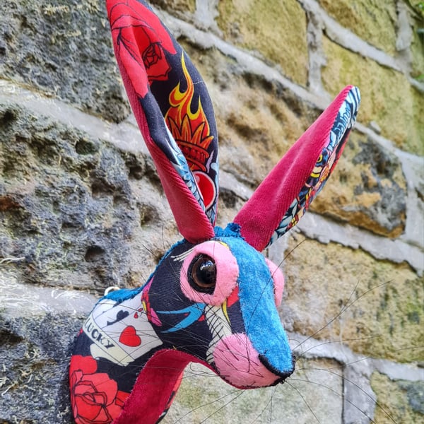 Faux hare head wall mount in tattoo fabric - Lucky Love