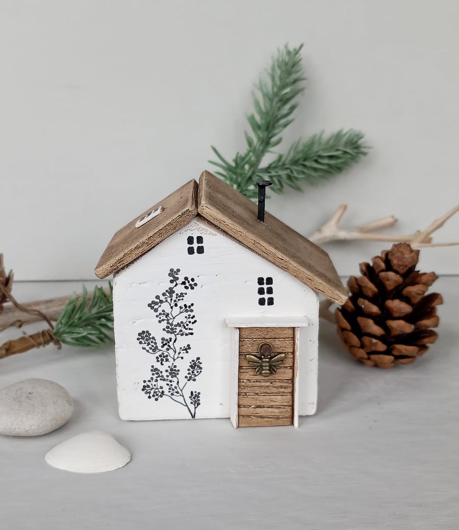 Wooden Cottage with Bee and Wildflowers (Made to Order)