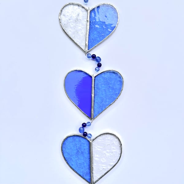 Stained Glass String of Hearts Suncatcher - Hanging Decoration - Blue