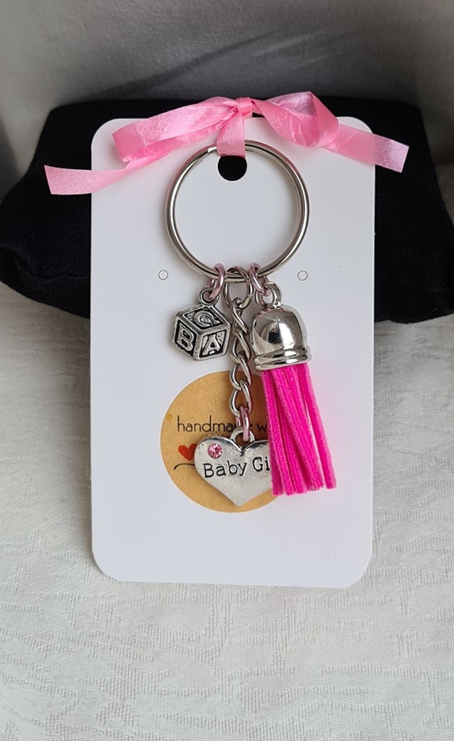 Gorgeous Baby Themed Key Ring - Pink - Key Chain Bag Charm - Silver tones.