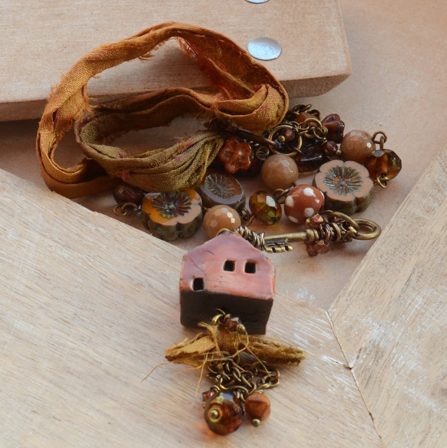 Raku Ceramic House Necklace with Key, Polka Dot Bead, Czech Beads & Sari Ribbon