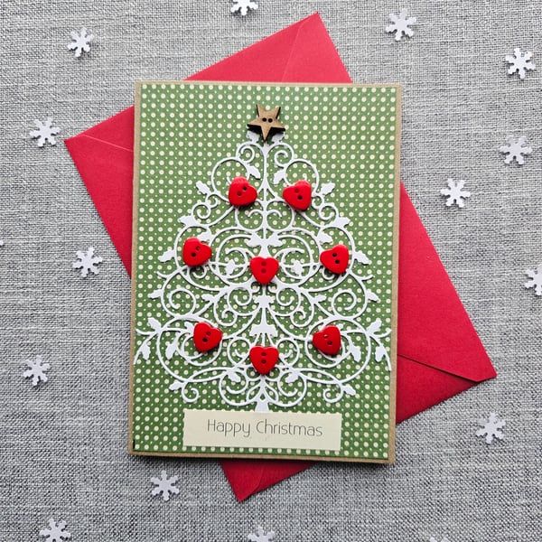 Filigree Christmas Tree with Red Heart Buttons Card Size 6" x 4" (15cm x 10cm)