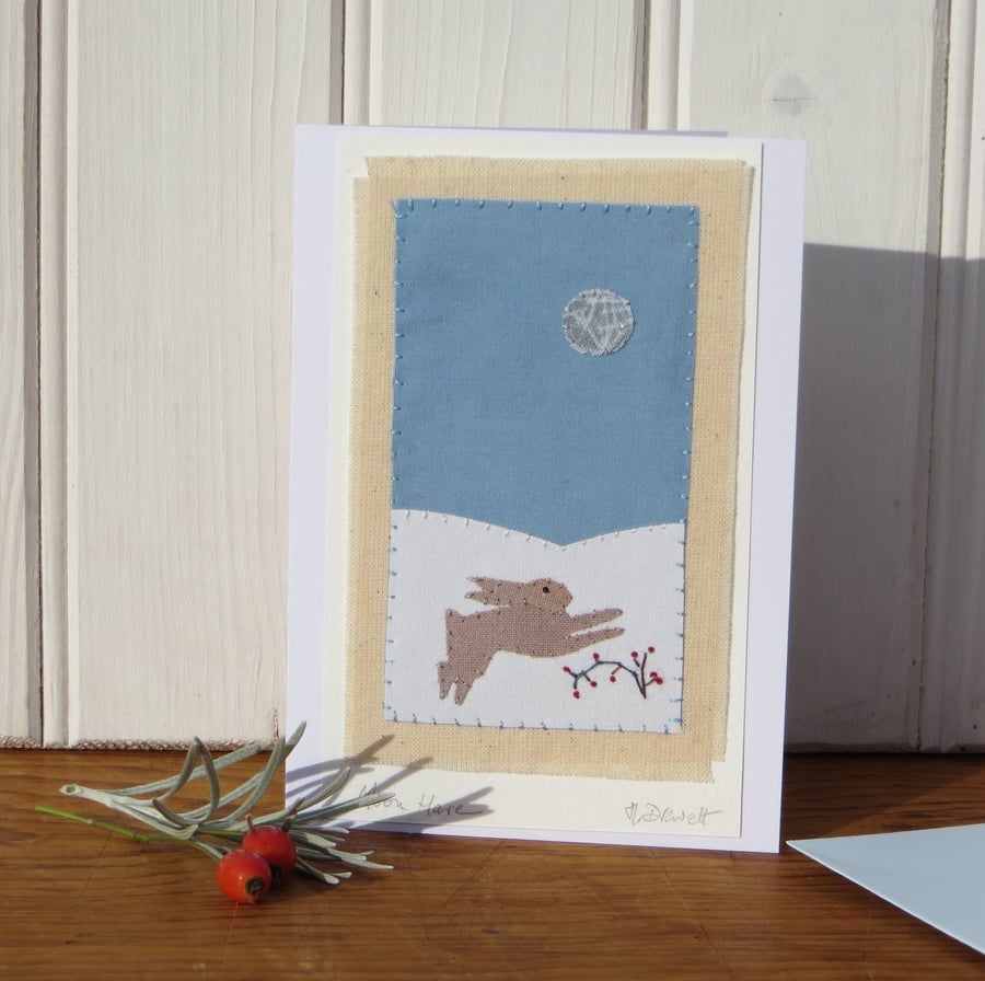 Moon Hare, detailed,hand-stitched card for or any winter occasion