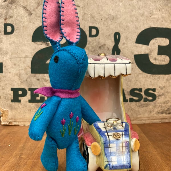 Teal Bunny the Little Hand Embroidered Felt Rabbit 