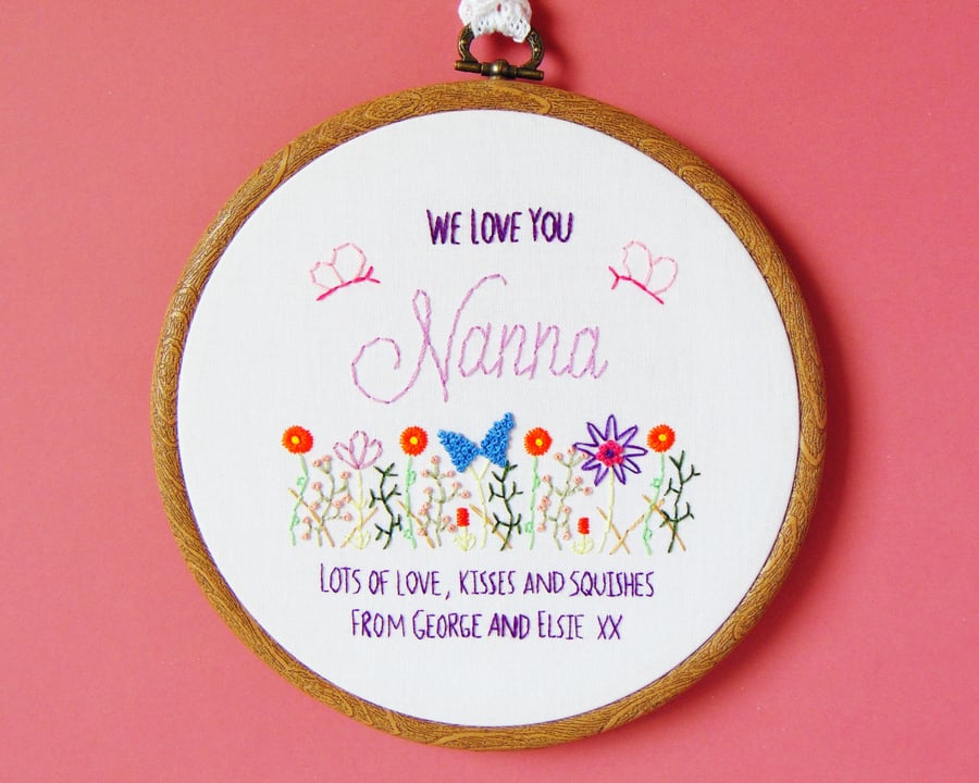 Personalised Mothers Day Gift For Grandma, Gift For Nan, Hand Embroidered Hoop