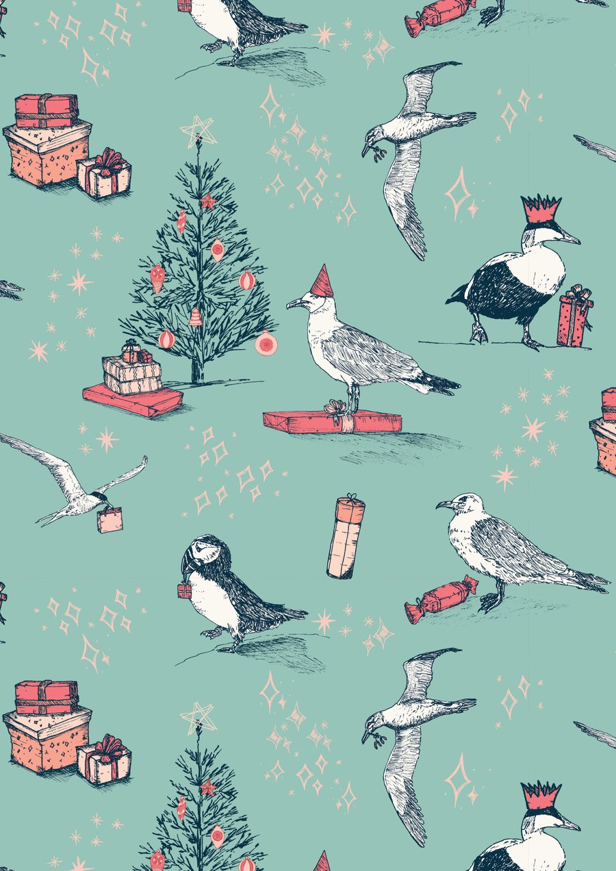 Luxury Eco Christmas Gift Wrapping Set: Come to the Party Coastal Birds