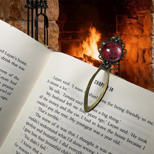 Bookmark, wool & silk felt in red, set in antique brass effect setting