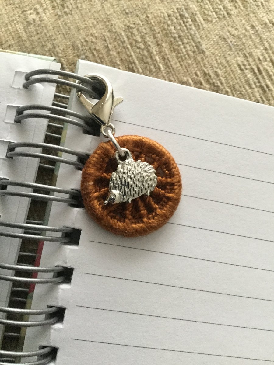 Journal Charm with Rust Brown Dorset Button and Hedgehog Charm 
