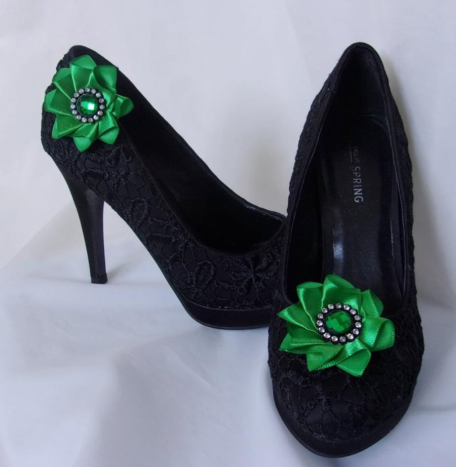 Bright Emerald Green Satin and Crystal Ribbon Ruffle Shoe Clips