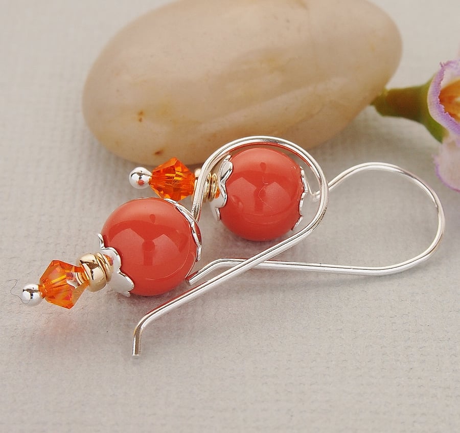 Orange Swarovski Pearl Earrings - Sterling Silver - Gifts