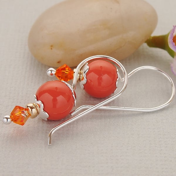 Orange Swarovski Pearl Earrings - Sterling Silver - Gifts