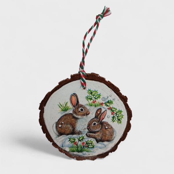 Rustic Rabbits Bunny Round Wooden Christmas Decoration Tree Ornament