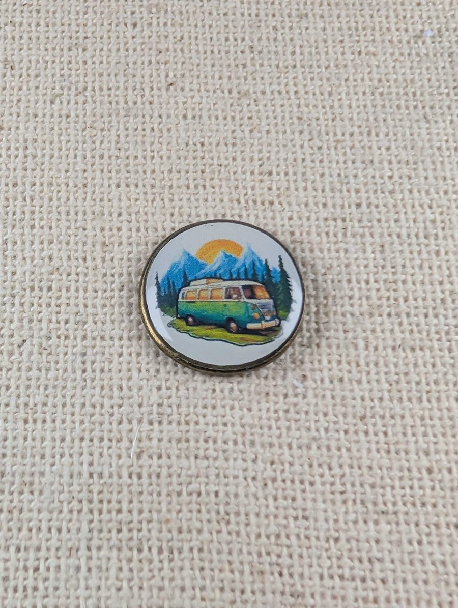 Camper Van Badge - Travel Themed Pin - Large Resin Topped Pin Badge